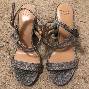 Sparkly silver block heels